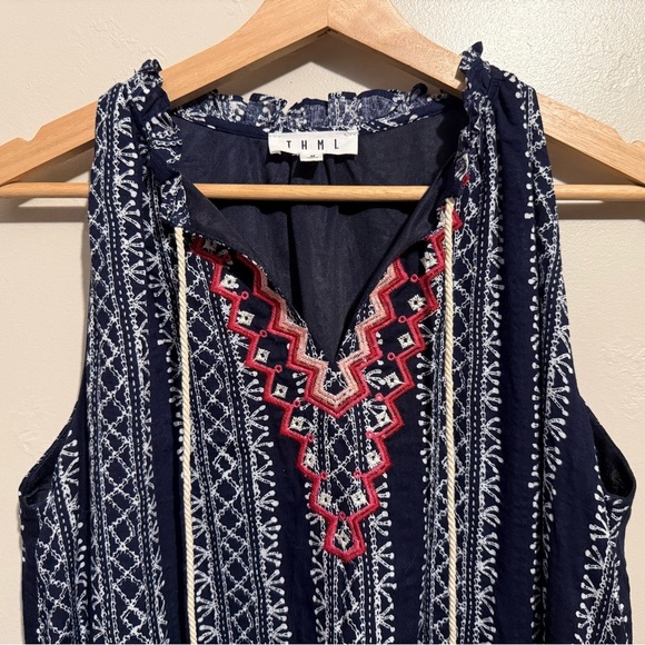 Anthropologie THML Navy, Red & White Embroidered Swing Dress Tassel Accents Med - Picture 5 of 14